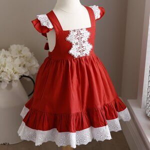 Red Pinafore Dress Embroidered Lace Eyelet Trim Size 2T/3T Perfect Condition